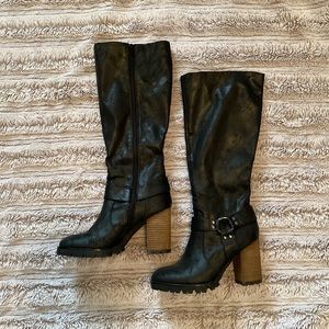 Tall Black Heeled Boots with Buckle